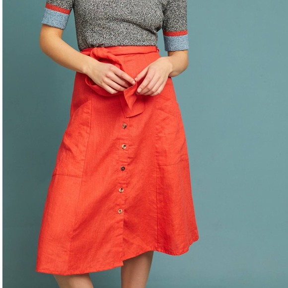 Anthropologie Dresses & Skirts - Anthropologie‎ Maeve Red-Orange Faithfull A-line Midi Tie-Waist Skirt 4